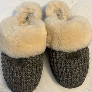 UGG Women's Charcoal Knit Slippers with Soft Cream Fur